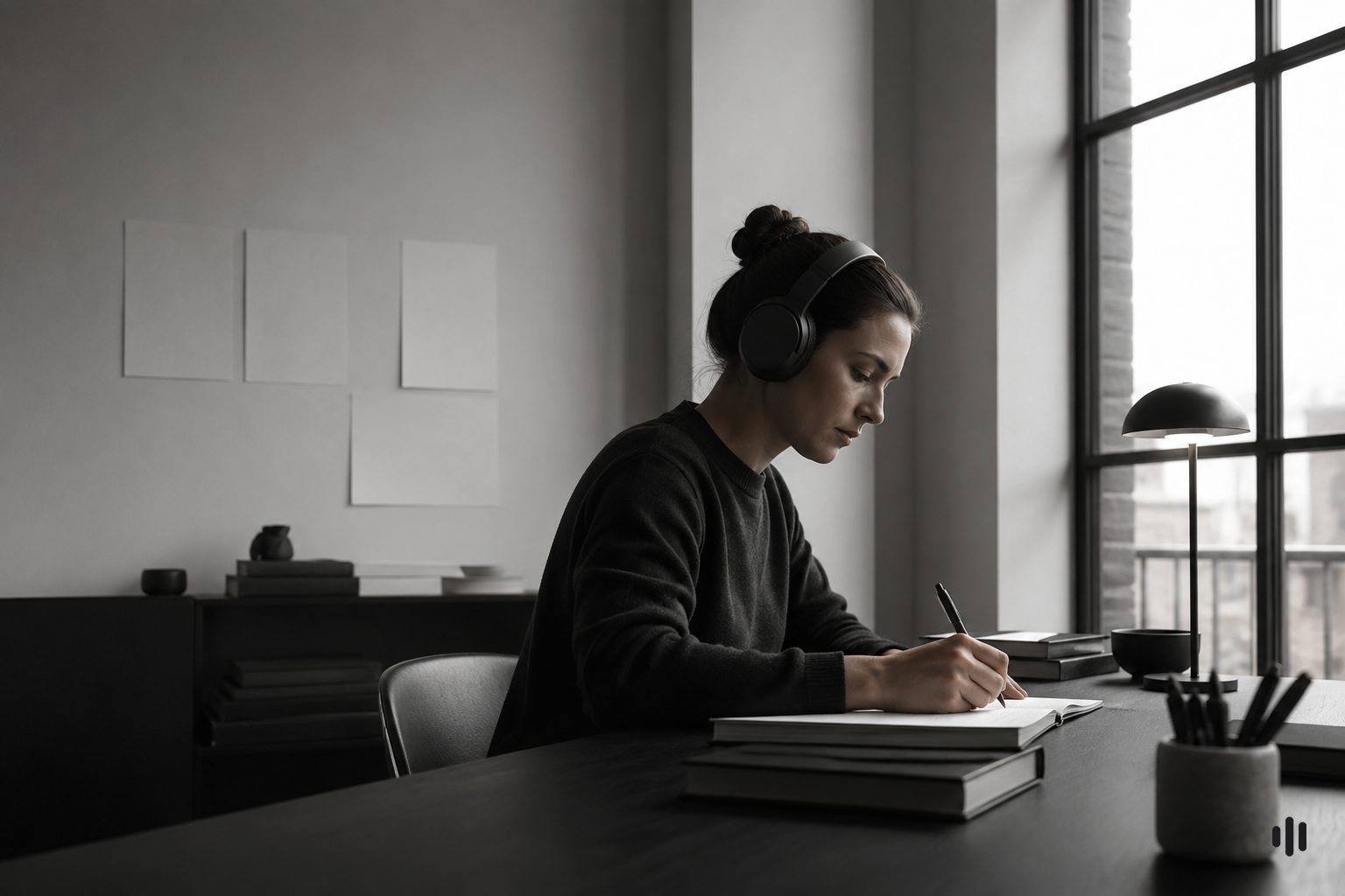 Close-up side profile of a person in over-ear headphones leaning toward a laptop in deep concentration — the alert engaged state associated with beta-band activity