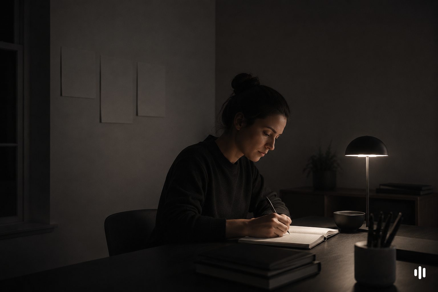 Person writing under a desk lamp in a quiet late-night study session — the moment binaural-beats-style focus audio for ADHD is made for