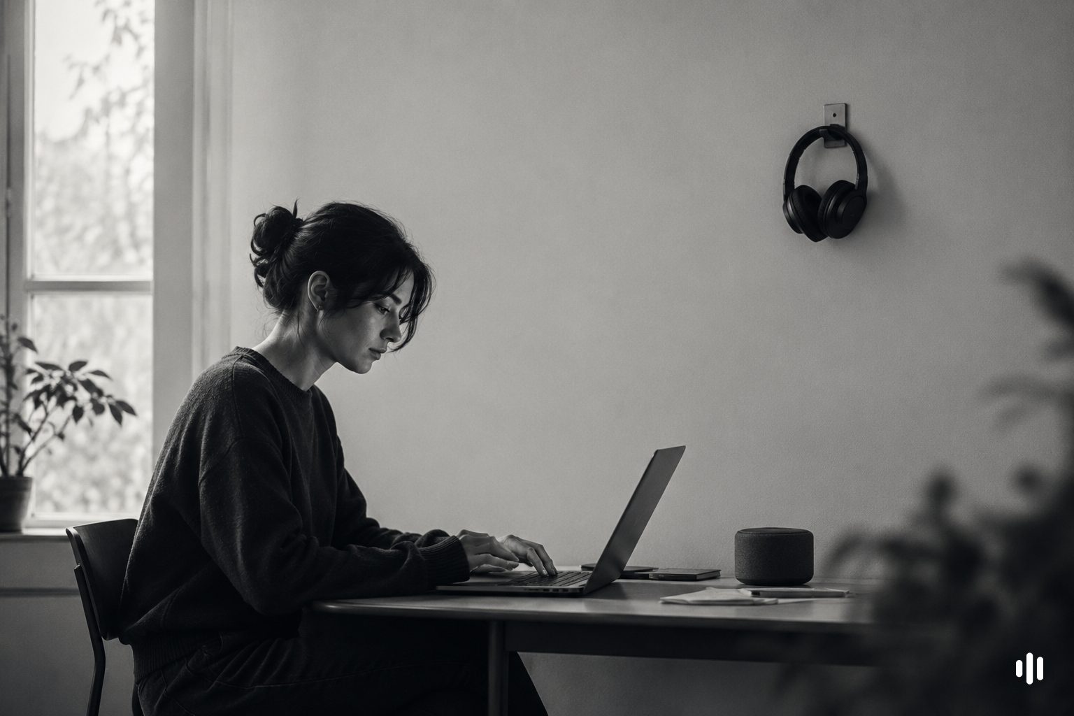 Laptop workspace with a small wireless speaker on the desk and over-ear headphones hanging unused nearby — the speakers-versus-headphones question for binaural beats