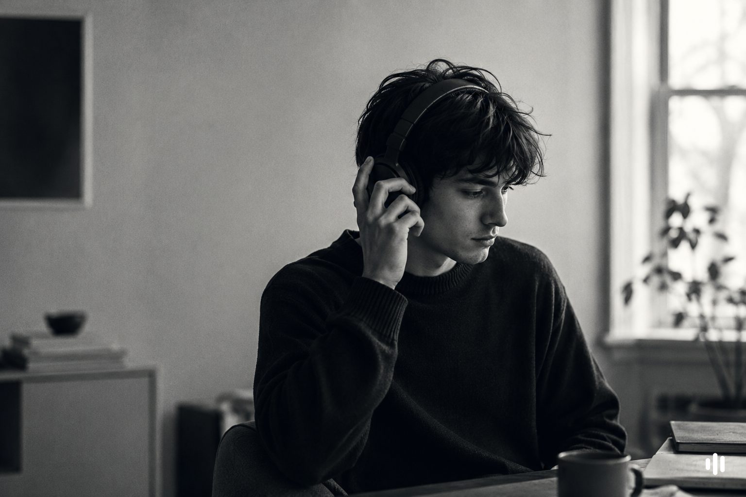 Person adjusting the earcup of over-ear headphones while listening attentively — comparing binaural beats, isochronic tones and amplitude modulation