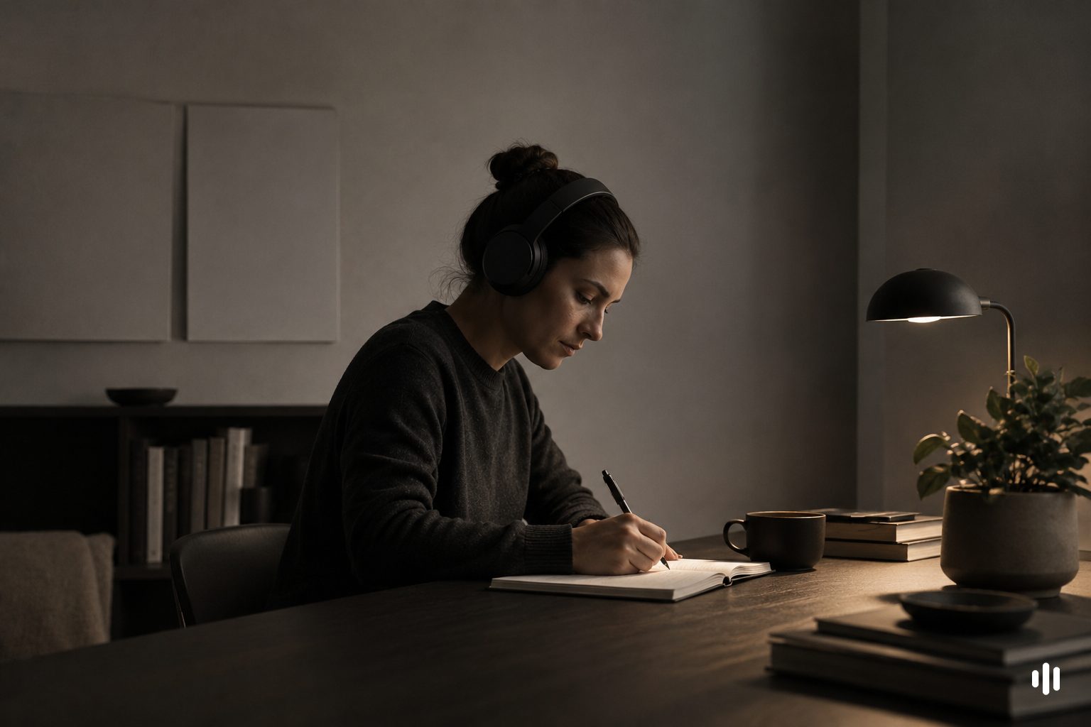 Person in over-ear headphones writing at a minimal desk in a deep-work session — the focused state NeuroWave engineers audio for