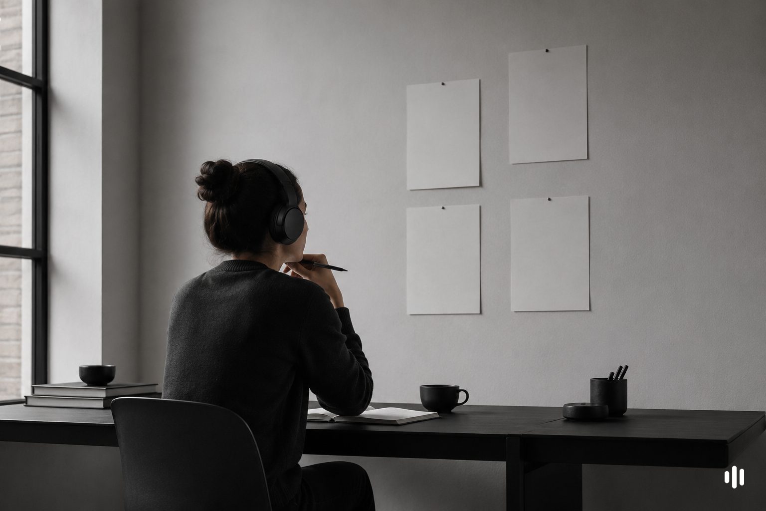 Person with headphones considering blank sheets pinned on a wall — weighing Brain.fm vs Endel vs NeuroWave for deep work