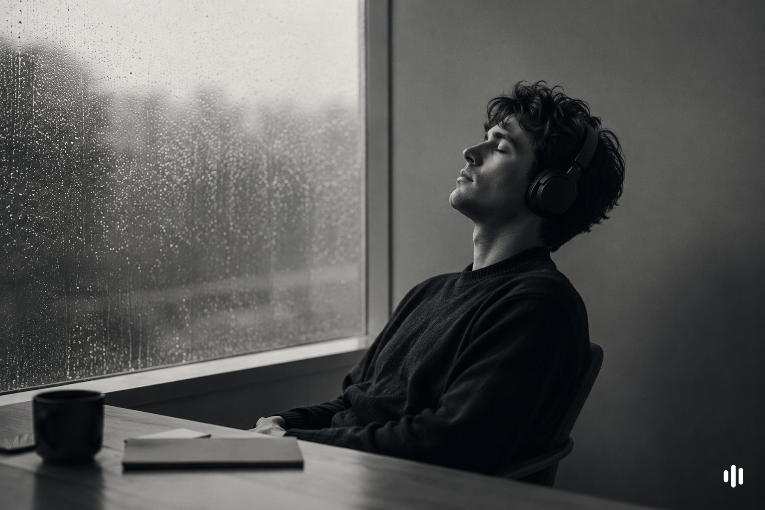Person resting back in over-ear headphones with heavy rain streaking the window behind — the deep broadband rumble many ADHD listeners find calming