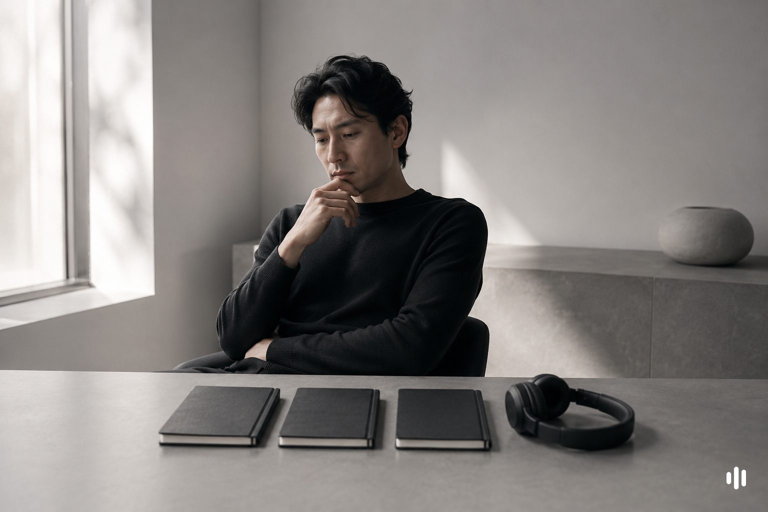 Person calmly weighing three identical notebooks beside over-ear headphones — choosing between a meditation app and a dedicated focus tool