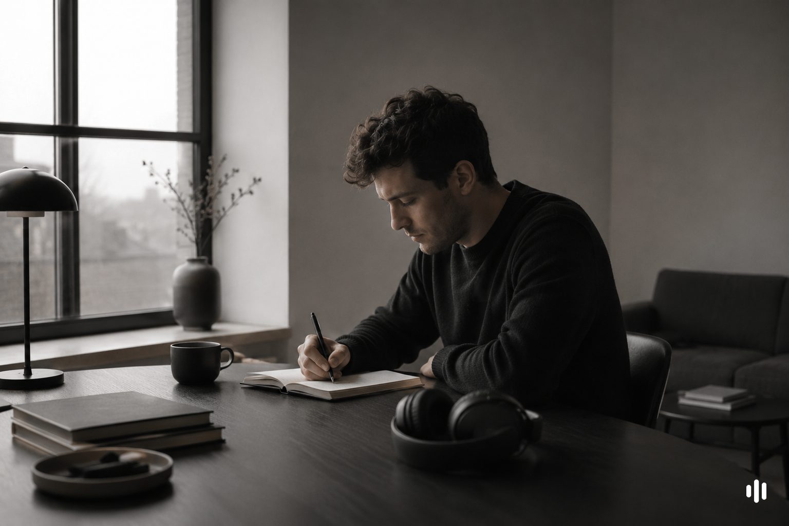 Calm minimal desk with over-ear headphones resting beside a notebook — a deliberate focus instrument at hand, not all-day ambient background