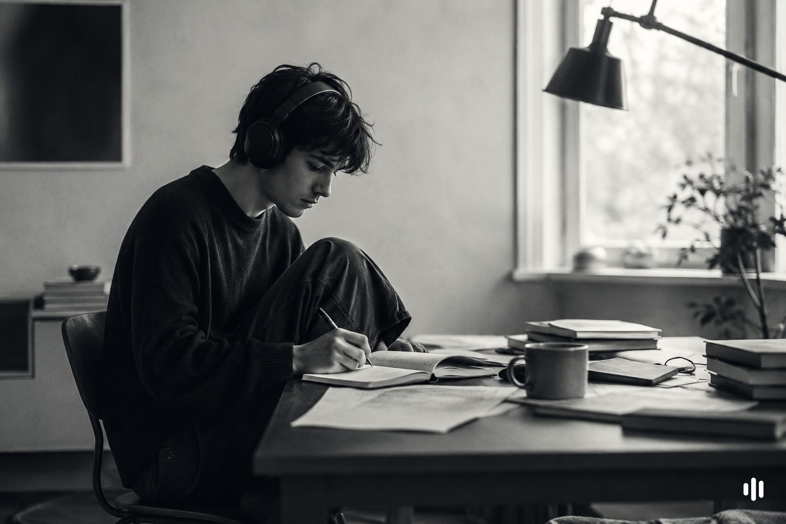 Young adult in over-ear headphones settling into focused study at a slightly cluttered desk — the restless-to-engaged transition focus music for ADHD aims for