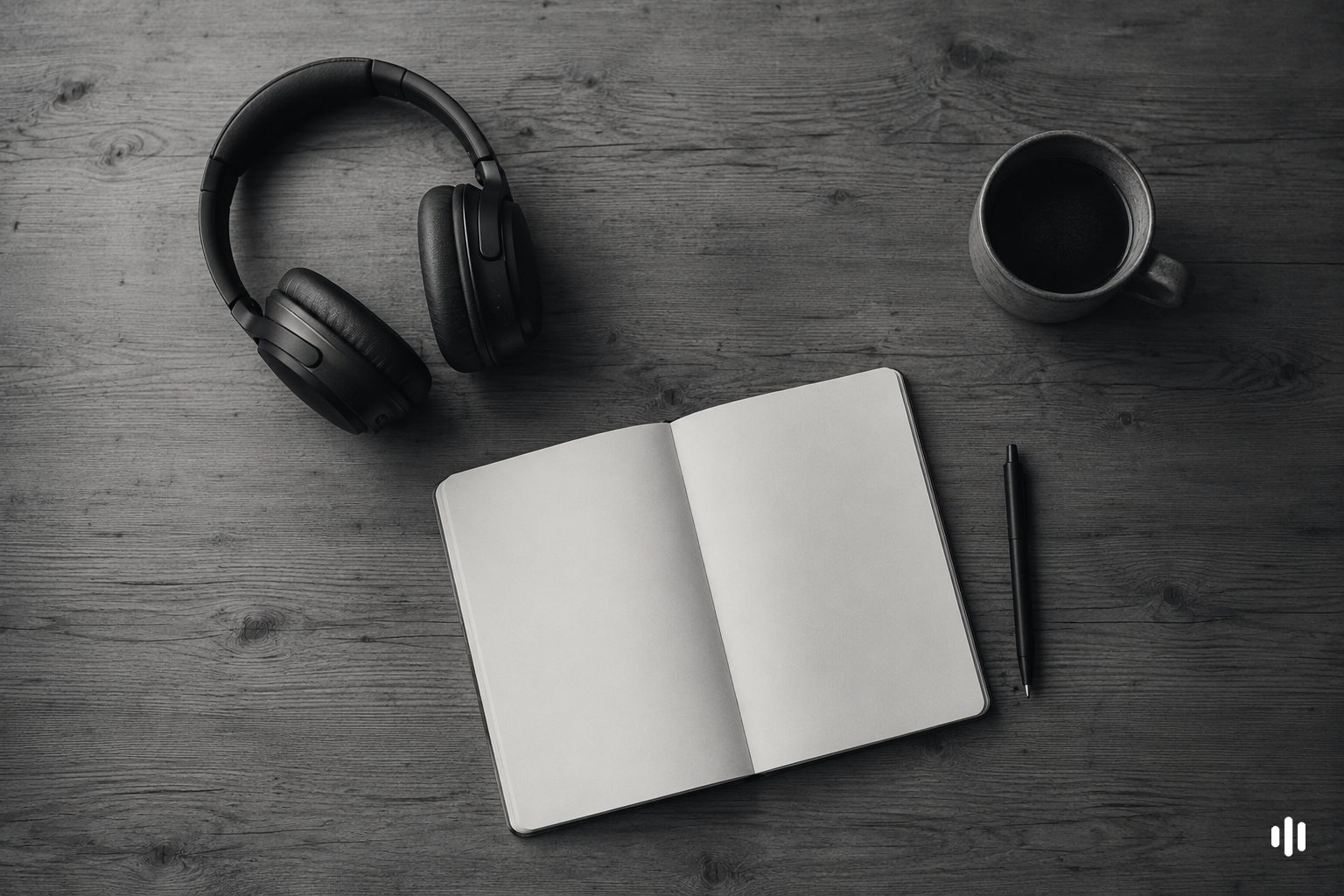 Overhead flat-lay of a wooden desk with over-ear headphones, an open notebook, pen and coffee — the deep-work setup this guide is about